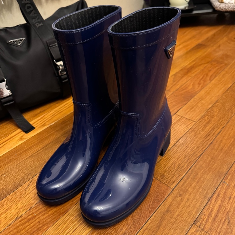 Prada Glossy Navy Patent Mid-Calf Rain Boot - Picture 3 of 5